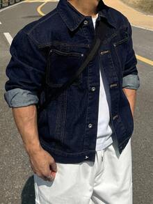 DAZY Spring/Autumn Navy Blue Original Color Denim Jacket With Front Pocket Design For Men Plus Size - Blue - View 2