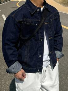 DAZY Spring/Autumn Navy Blue Original Color Denim Jacket With Front Pocket Design For Men Plus Size - Blue - View 8