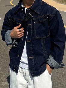 DAZY Spring/Autumn Navy Blue Original Color Denim Jacket With Front Pocket Design For Men Plus Size - Blue - View 4