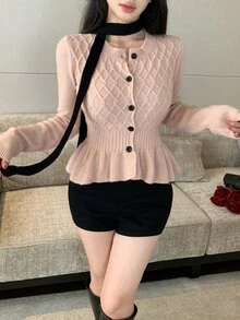 Joudiya 女款粉色甜美針織開襟毛衣，圓領，麻花編織，蝴蝶結腰帶，收腰設計，荷葉邊下擺，修身版型，適合約會與通勤，秋冬款 - 粉色 - 查看 7