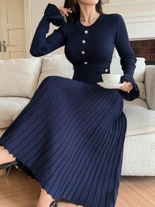 DAZY Autumn/Winter Round Neck Navy Blue Ribbed Knit Pearl Button Decor Flare Sleeve Pleated Hem Elegant Commuter Women Sweater Dress - Navy Blue - View 3