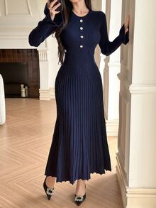 DAZY Autumn/Winter Round Neck Navy Blue Ribbed Knit Pearl Button Decor Flare Sleeve Pleated Hem Elegant Commuter Women Sweater Dress - Navy Blue - View 6