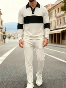 SHEIN X Scheana DAZY Spring/Autumn Beige & Black Polo Top With Elastic Waist Long Pants, Slightly Loose Fit, Colorblock Long Sleeve Pants Set For Men's Commute - Multicolor - View 5