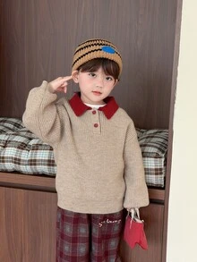 DAZY Infant (Boy) Contrast Color Turn Collar Long Sleeve Autumn/Winter Sweater - Apricot - View 6