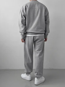 DAZY Autumn/Winter Thermal Lined Gray Floral Crew Neck Long Sleeve Ribbed Cuff & Hem Sweatshirt With Elastic Waist & Cuffed Jogger Pants Korean Style Men's Pullover Set - Grey - View 2