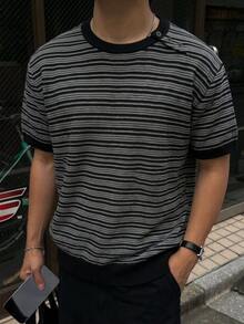 DAZY 男士短袖條紋圓領鈕扣不對稱門襟針織上衣 - 黑色 - 查看 7