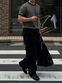 DAZY 男士短袖條紋圓領鈕扣不對稱門襟針織上衣 - 黑色 - 查看 5