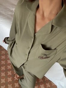 DAZY طقم بيجامة نسائي بلون موحد مع ملابس علوية بياقة وأكمام طويلة وطبعة نمر وتصميم باتشوورك وبنطلون طويل فضفاض وكاجوال - أخضر - مشاهدة 7