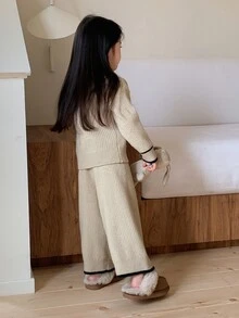 DAZY Infant Girl Solid Color Casual Long Sleeve Autumn Winter Korean Style Loose Pants & Sweater Two Pieces Set - Apricot - View 2