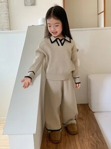 DAZY Infant Girl Solid Color Casual Long Sleeve Autumn Winter Korean Style Loose Pants & Sweater Two Pieces Set - Apricot - View 1