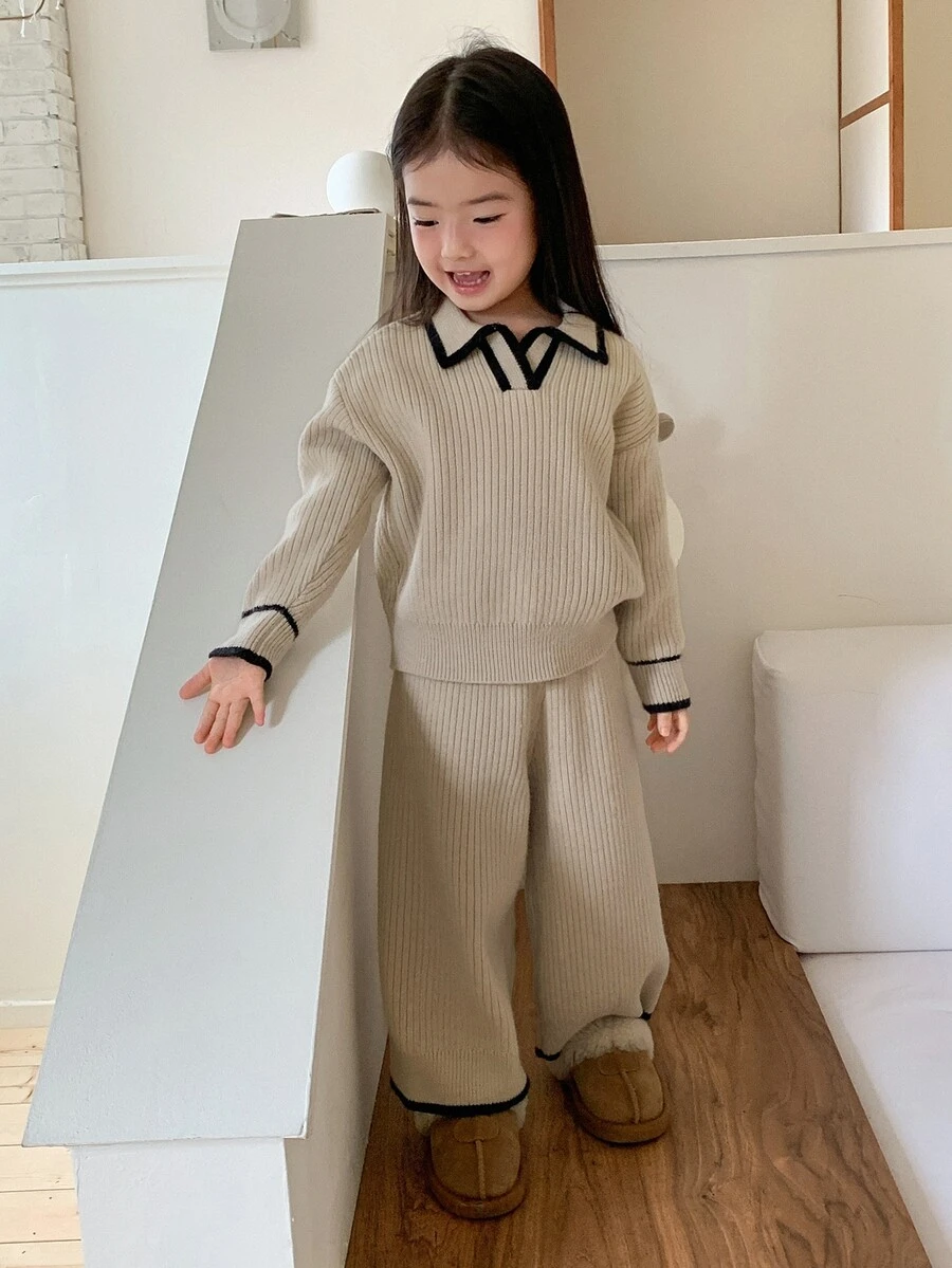 DAZY Infant Girl Solid Color Casual Long Sleeve Autumn Winter Korean Style Loose Pants & Sweater Two Pieces Set - Apricot - View 1