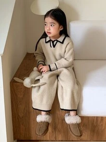 DAZY Infant Girl Solid Color Casual Long Sleeve Autumn Winter Korean Style Loose Pants & Sweater Two Pieces Set - Apricot - View 3