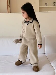 DAZY Infant Girl Solid Color Casual Long Sleeve Autumn Winter Korean Style Loose Pants & Sweater Two Pieces Set - Apricot - View 5