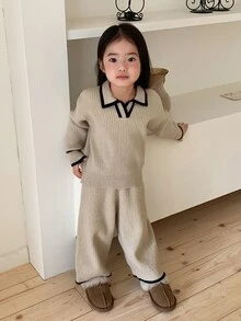 DAZY Infant Girl Solid Color Casual Long Sleeve Autumn Winter Korean Style Loose Pants & Sweater Two Pieces Set - Apricot - View 4