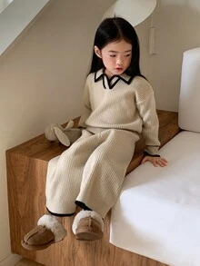 DAZY Infant Girl Solid Color Casual Long Sleeve Autumn Winter Korean Style Loose Pants & Sweater Two Pieces Set - Apricot - View 6