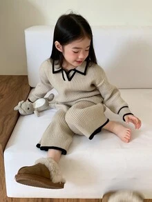DAZY Infant Girl Solid Color Casual Long Sleeve Autumn Winter Korean Style Loose Pants & Sweater Two Pieces Set - Apricot - View 8