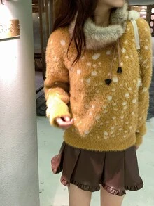 DAZY Women's Round Neck Colorblock Autumn/Winter Niche Korean Style Long Sleeve Sweater - Khaki - View 3
