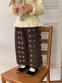 DAZY Celana Panjang Kasual Longgar Bermotif Bunga untuk Bayi Perempuan - Coffee Brown - View 5