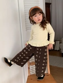 DAZY Celana Panjang Kasual Longgar Bermotif Bunga untuk Bayi Perempuan - Coffee Brown - View 8