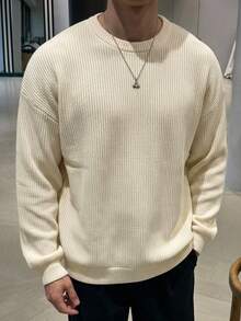 DAZY Spring/Autumn Long-Length Ribbed Apricot Knit Textured Fabric Crew Neck Cuffed Collar Pullover Sweatshirt, Korean Style Casual Men's - Apricot - View 6