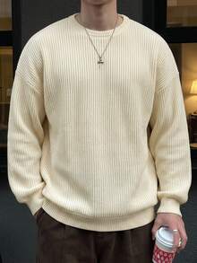 DAZY Spring/Autumn Long-Length Ribbed Apricot Knit Textured Fabric Crew Neck Cuffed Collar Pullover Sweatshirt, Korean Style Casual Men's - Apricot - View 3