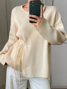 Strévra Women's Winter Beige Round Neck Button Cable Knit Long Sleeve Fitted Ribbed Cardigan - Beige - View 3