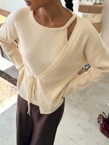 Strévra Women's Winter Beige Round Neck Button Cable Knit Long Sleeve Fitted Ribbed Cardigan - Beige - View 1