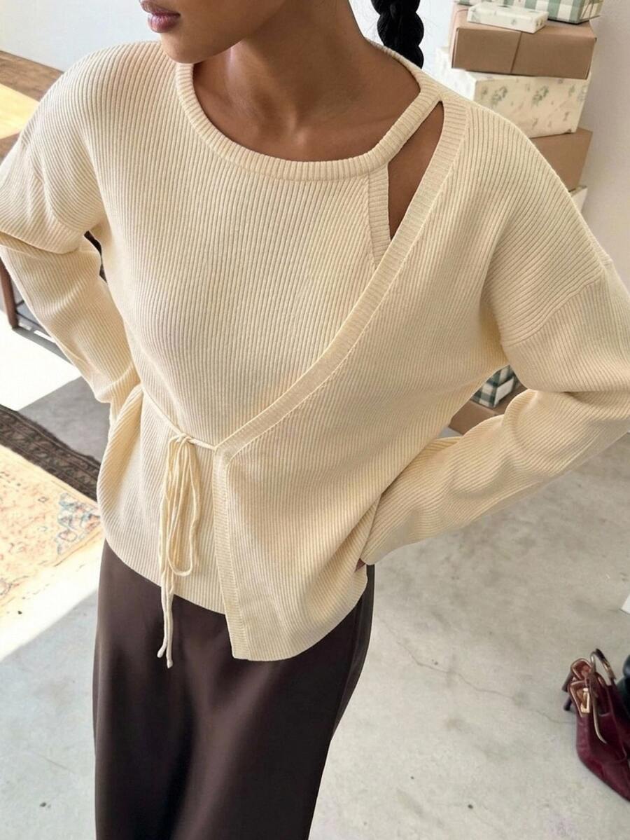 Strévra Women's Winter Beige Round Neck Button Cable Knit Long Sleeve Fitted Ribbed Cardigan - Beige - View 1