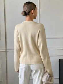 Strévra Women's Winter Beige Round Neck Button Cable Knit Long Sleeve Fitted Ribbed Cardigan - Beige - View 2