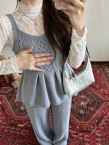 FRIFUL Women's Cable Knit Camisole Top With Ruffle Hem And Knit Long Pants Casual Romantic Elegant Set Brunch Grey Fall - Brown - View 2