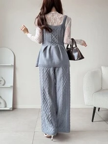 FRIFUL Women's Cable Knit Camisole Top With Ruffle Hem And Knit Long Pants Casual Romantic Elegant Set Brunch Grey Fall - Brown - View 4