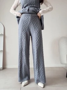 FRIFUL Women's Cable Knit Camisole Top With Ruffle Hem And Knit Long Pants Casual Romantic Elegant Set Brunch Grey Fall - Brown - View 7