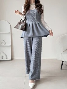 FRIFUL Women's Cable Knit Camisole Top With Ruffle Hem And Knit Long Pants Casual Romantic Elegant Set Brunch Grey Fall - Brown - View 9