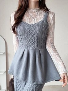 FRIFUL Women's Cable Knit Camisole Top With Ruffle Hem And Knit Long Pants Casual Romantic Elegant Set Brunch Grey Fall - Brown - View 6