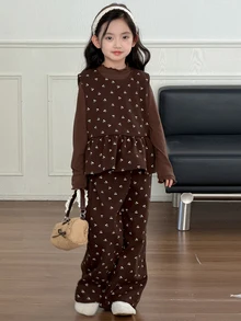 DAZY Tween Girls Ruffle Hem Cherry Print Tank Top And Long Pants Outerwear Set - Brown - View 11
