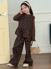 DAZY Tween Girls Ruffle Hem Cherry Print Tank Top And Long Pants Outerwear Set - Brown - View 7