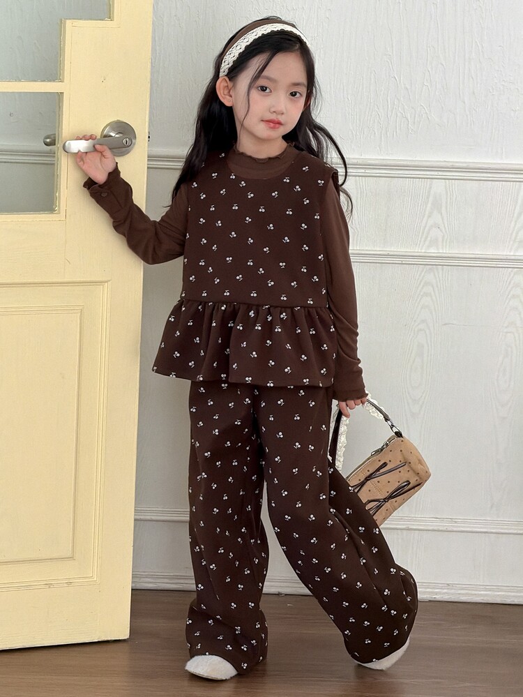 DAZY 青少年女孩荷葉邊下擺櫻桃印花背心上衣與長褲外套套裝 - 棕色 - 查看 4