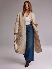 RueChic Women's Cream Maxi Quilted Puffer Jacket With Functional Pockets, Warm Winter Outerwear - Cream - View 2
