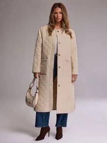 RueChic Women's Cream Maxi Quilted Puffer Jacket With Functional Pockets, Warm Winter Outerwear - Cream - View 4