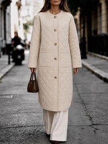 RueChic Women's Cream Maxi Quilted Puffer Jacket With Functional Pockets, Warm Winter Outerwear - Cream - View 8