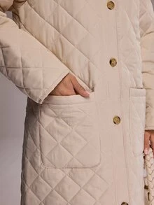 RueChic Women's Cream Maxi Quilted Puffer Jacket With Functional Pockets, Warm Winter Outerwear - Cream - View 6