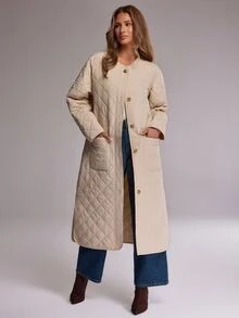 RueChic Women's Cream Maxi Quilted Puffer Jacket With Functional Pockets, Warm Winter Outerwear - Cream - View 3