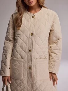 RueChic Women's Cream Maxi Quilted Puffer Jacket With Functional Pockets, Warm Winter Outerwear - Cream - View 5