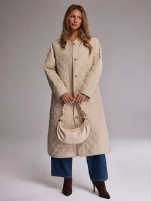 RueChic Women's Cream Maxi Quilted Puffer Jacket With Functional Pockets, Warm Winter Outerwear - Cream - View 7