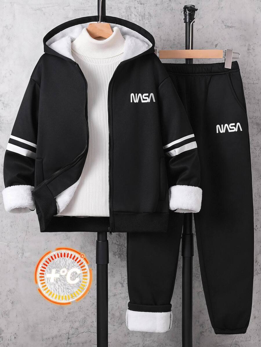 SHEIN 買1送1兒童青少年男孩休閒運動保暖內裡加厚黑色連帽衛衣外套與慢跑褲套裝，適合秋冬、學校、家庭聚會、度假、派對，秋季穿搭，冬季穿搭