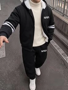 SHEIN 買1送1兒童青少年男孩休閒運動保暖內裡加厚黑色連帽衛衣外套與慢跑褲套裝，適合秋冬、學校、家庭聚會、度假、派對，秋季穿搭，冬季穿搭 - 黑色 - 查看 3