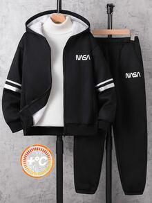 SHEIN 買1送1兒童青少年男孩休閒運動保暖內裡加厚黑色連帽衛衣外套與慢跑褲套裝，適合秋冬、學校、家庭聚會、度假、派對，秋季穿搭，冬季穿搭 - 黑色 - 查看 5