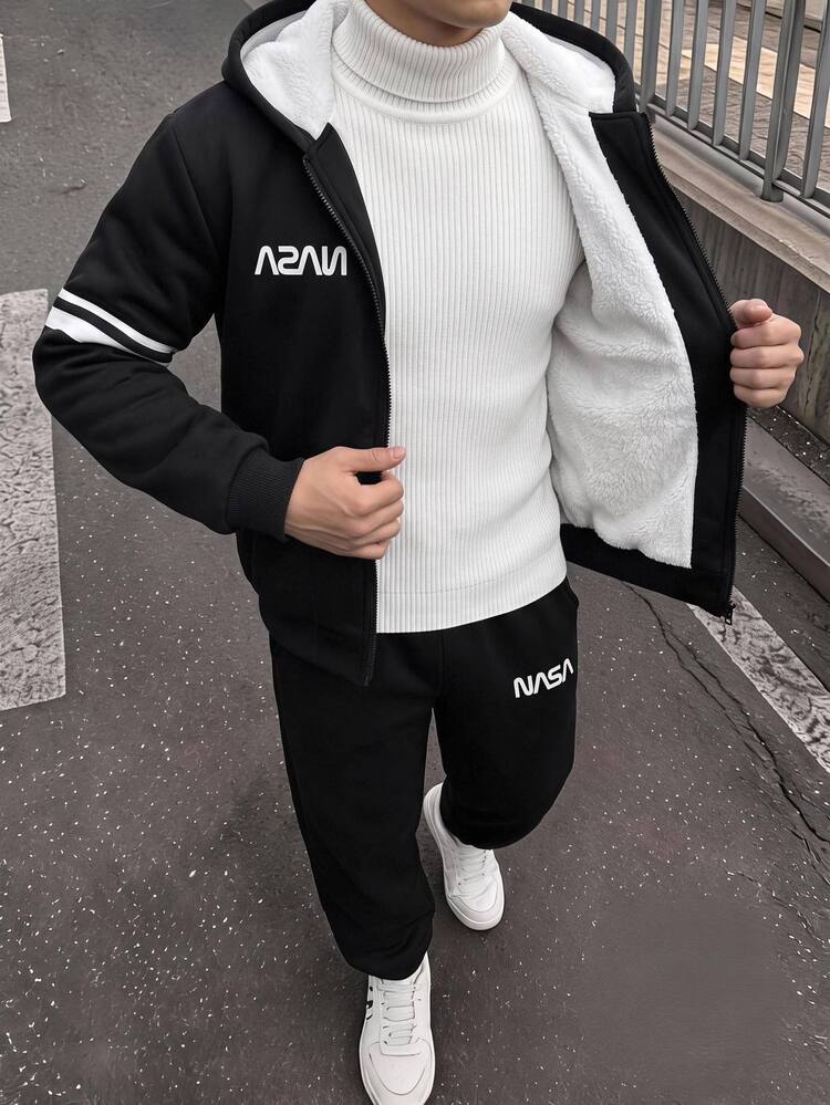 SHEIN Buy 1 Get 1 Free Kids Tween Boy Casual Sports Thermal Lined Thick Black Hooded Sweatshirt Jacket & Jogger Pants Set, Suitable For Fall/Winter, School, Family Gathering, Vacation, Party, FallOutfit, WinterOutfit - Black - View 3