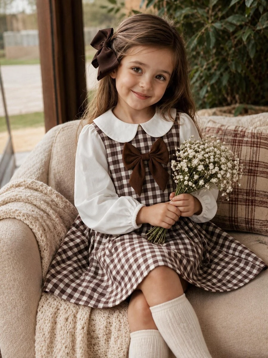 SHEIN Kids Young Girl Young Girls White & Khaki Colorblock 2 In 1 Waist-Cinching Dress, Cute Sleeve, Versatile - Multicolor - View 1