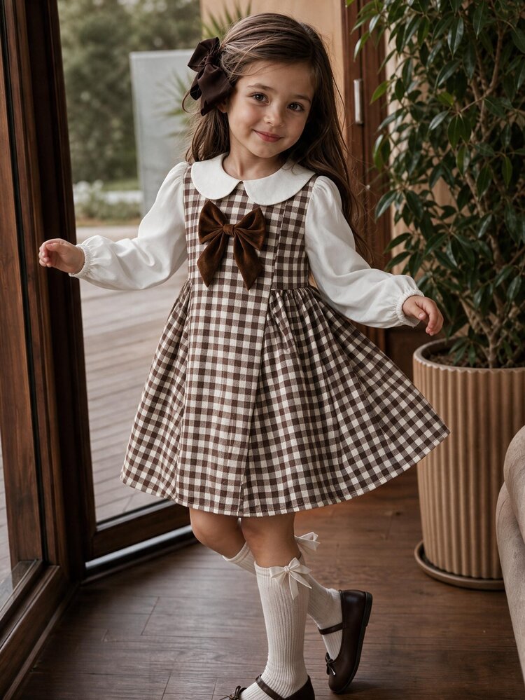SHEIN 女童小女孩白色與卡其色拼接 2 合 1 收腰洋裝，可愛袖口，百搭款 - 彩色 - 查看 3